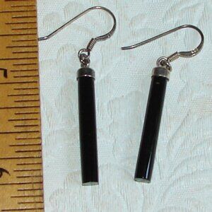 Vtg Sterling Silver Dangle EARRINGS, Black Onyx Cylinder, Signed JC, D31